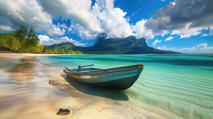 fishing boat on tropical island mauritius