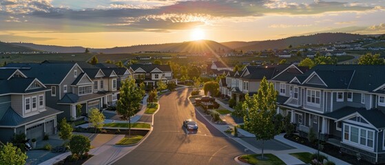 Wall Mural - Panoramic view of neighborhood with smart homes