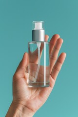 Poster - A person's hand holds a clear glass bottle filled with a transparent liquid, possibly water or a chemical substance