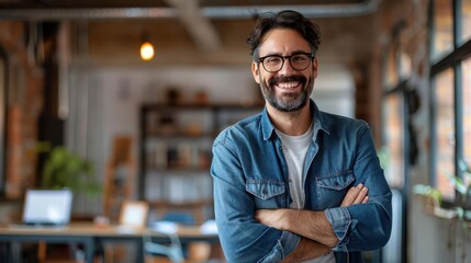 A smiling man in casual attire stands confidently with crossed arms in a modern workspace, exuding professionalism and approachability.