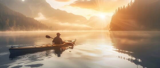 A man travelling in a kayak in a lake at sunrise in mountains is a peaceful and serene scene that captures the beauty and tranquility of nature.