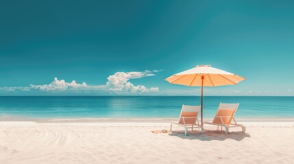 Beach umbrella with two chairs on the sand. summer travel vacation background with copy space