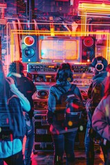 Poster - A group of individuals waiting outside a recording booth, possibly for an audition or interview