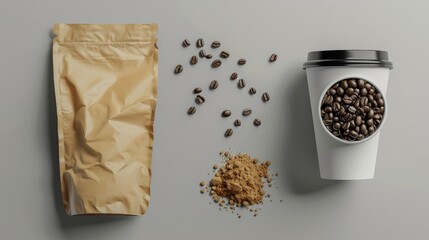 Poster - A cup of coffee sits next to a bag of freshly ground coffee beans