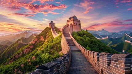 Big Great Wall of China at sunset,panoramic view