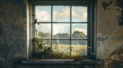 Poster - A plant grows out of a window frame, surrounded by walls and possibly indoors