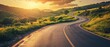 © Achmad Khoeron - Scenic road trip through nature. Asphalt highway winds picturesque landscape surrounded by lush greenery and rolling hills. Warm tones of sunset cast golden glow over scene creating serene