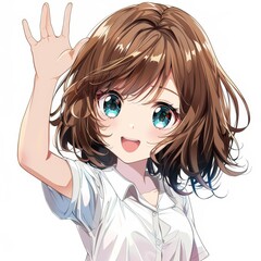 Wall Mural - this delightful anime girl has large eyes, brown hair, and a joyful smile, dressed in a white shirt 