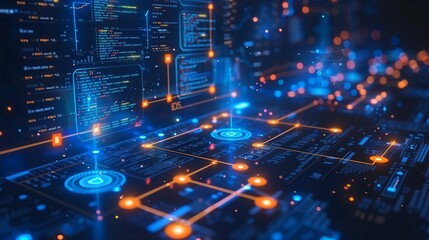 Poster - Visual Representation of Advanced Digital Network Technology in a Futuristic Setting During Evening Hours