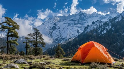 tourist camp in the mountains, tent in the foreground.