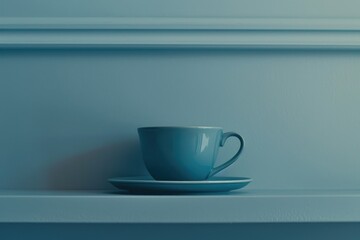 Poster - A blue cup and saucer on a shelf, great for interior design or kitchenware collections
