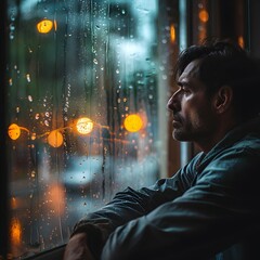 Poster - Pensive Man Gazing Out Rainy Window Contemplative Mood in Moody Urban Cityscape