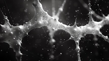 Abstract black and white macro shot of interconnected mesh structure, resembling a web or intricate network, dotted with tiny droplets.