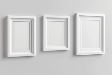Poster - Three white picture frames hang on a wall with empty spaces inside