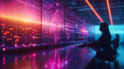 Poster - woman analyzing data on high-tech visual display in modern office environment at night