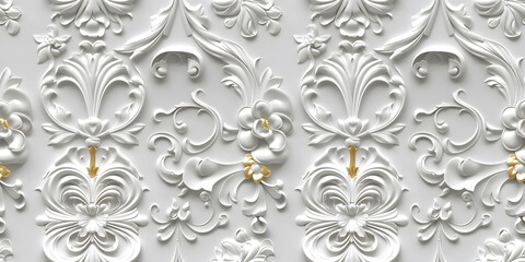 Poster - Seamless 3D elements of White and Golden luxury design Baroque Classical Relief Panel on Wall. Refined Gothic-inspired Stucco Molding With Floral Motifs. A Marble Carving in Late Ottoman Style.