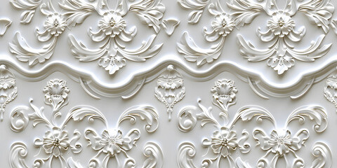 Wall Mural - Seamless 3D elements of White and Golden luxury design Baroque Classical Relief Panel on Wall. Refined Gothic-inspired Stucco Molding With Floral Motifs. A Marble Carving in Late Ottoman Style.