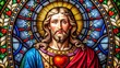 © Wanlop - Close-up of a stunning sacred heart stained glass artwork with intense colors and elegant patterns in a peaceful setting.