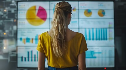 Poster - Confident Businesswoman Giving Powerful Presentation with Dynamic Charts and Graphs on Screen for Business Success and Achievement
