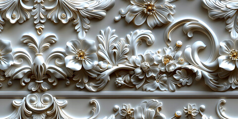 Poster - Seamless 3D elements of White and Golden luxury design Baroque Classical Relief Panel on Wall. Refined Gothic-inspired Stucco Molding With Floral Motifs. A Marble Carving in Late Ottoman Style.