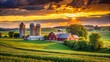 © Wanlop - Wisconsin dairy farm landscape at twilight with soft golden light, rustic farmstead, and vast open fields.