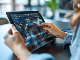 Poster - businessperson reviewing portfolio on tablet technology driven financial success and achievement