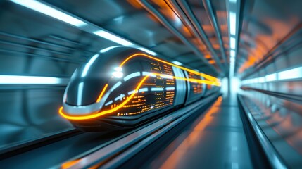 Wall Mural - Futuristic High-Speed Train in Neon-Lit Tunnel at High Velocity