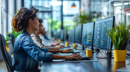 Poster - Focused Individuals Collaborating at Computer Workstations in Modern Office Space During Daytime Hours
