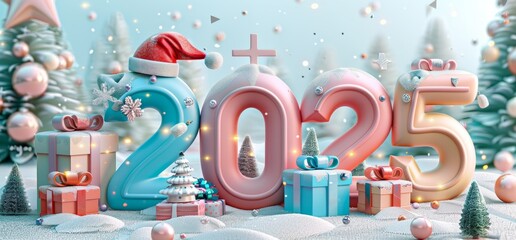 Colorful 3D cartoon numbers 2025 with Santa hats and Christmas presents