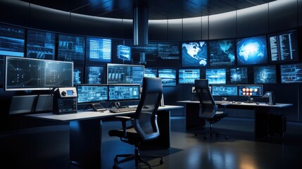 Wall Mural - High-tech control room with glowing screens and advanced consoles