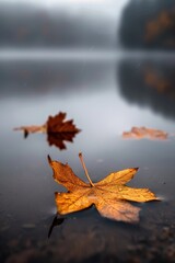 Poster - Autumn Leaf Floating on Water