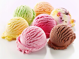 Wall Mural - A row of ice cream cones with different flavors. The colors are green, pink, yellow, brown, and white