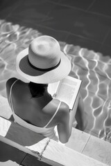 Poster - A woman is sitting in a pool reading a book. The image has a calm and relaxing mood, as the woman is enjoying her time by the water while reading