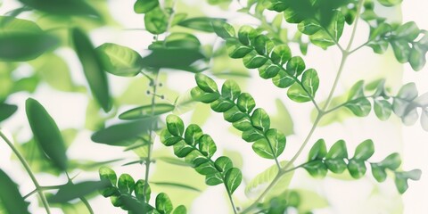 Wall Mural - A leafy green plant with many leaves is shown in the image. The leaves are spread out and appear to be in motion, giving the impression of a lively and vibrant scene. Scene is one of freshness