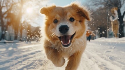 Wall Mural - A dog is running in the snow with its tongue out. The dog is happy and enjoying the cold weather