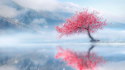 Wall Mural - Pink Tree Reflection in a Tranquil Mountain Lake