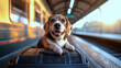 © Prompt World - Happy Beagle Dog Sitting on Suitcase at Train Station Platform