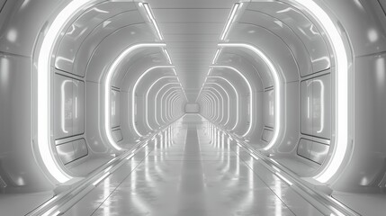 Poster - Futuristic White Corridor With Bright Lights in a Modern Technological Environment