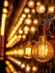 Wall Mural - A series of light bulbs are lit up in a room. The bulbs are all different sizes and colors, creating a warm and inviting atmosphere. The room is dimly lit