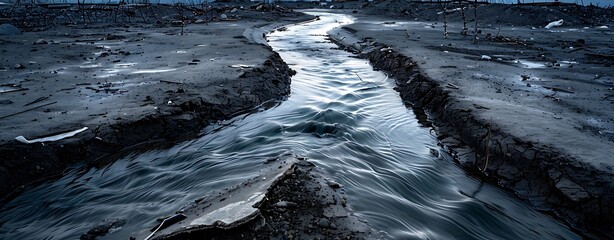 Wall Mural - Close-up of a small stream flowing through a devastated area, representing life returning, more clarity with clear light and sharp focus, high detailed