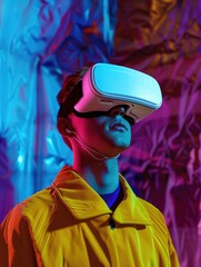 Wall Mural - A man wearing a yellow jacket is wearing a virtual reality headset. He is looking up at the sky