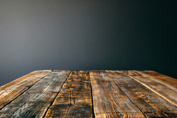 Poster - Empty rustic wooden tabletop with gray wall background providing copy space for product placement