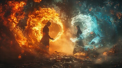 Fire bender and water bender fight side by side red and blue