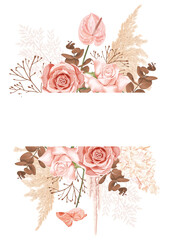 Wall Mural - A wedding vector frame with flowers: pink roses, anthurium,  delicate hydrangeas, dried eucalyptus and reed. Perfect for invitations and festive events, creating a romantic, elegant atmosphere.