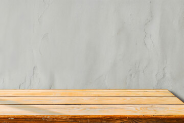 Poster - Empty wooden tabletop displaying products with copy space against textured wall
