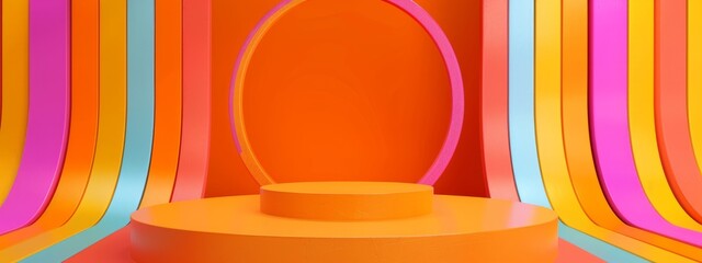 Pedestal Platform display with podium background. Blank Exhibition stage empty product presentation. Abstract orange colorful background