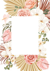 Canvas Print - A wedding vector frame in boho style with flowers: pink roses, white orchids, anthuriums, dried palm leaves, and tropical plants. Ideal for invitations and events, creating a bohemian atmosphere.