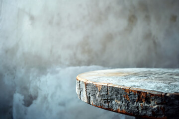 Poster - Empty round wooden tabletop on blurred concrete background providing copy space for product placement
