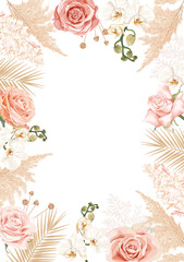 Wall Mural - A wedding vector frame with flowers: pink roses, white orchids,  delicate hydrangeas, dried palm leaves and reed. Perfect for invitations and festive events, creating a romantic, elegant atmosphere.