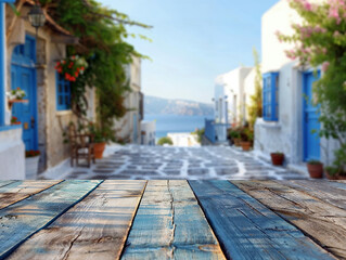 Wall Mural - Rustic wooden table presenting a blurred background of a charming greek alley with white houses and blue doors, leading to the sea